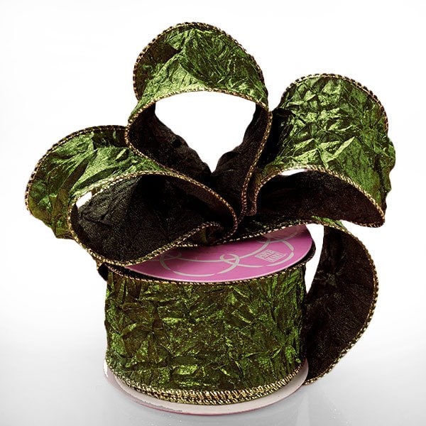 Green Crushed Satin Wired Ribbon – 1.5" x 10 Yards (1 Roll)