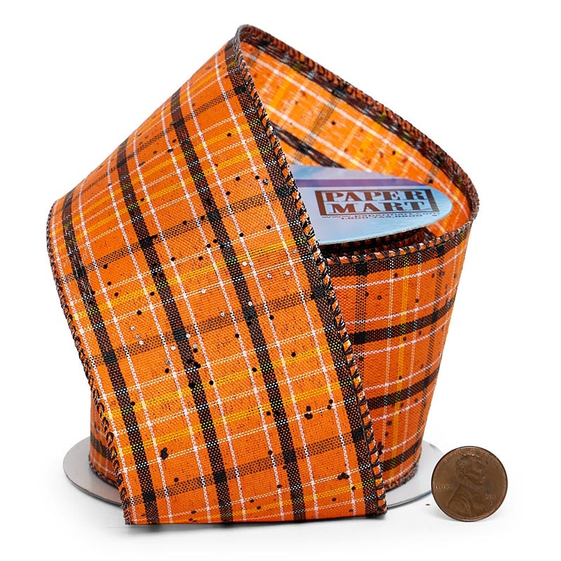 Glitter Orange / Black Plaid Patterned Wired Ribbon 2 1/2''x10 yd - 1 / ROLL