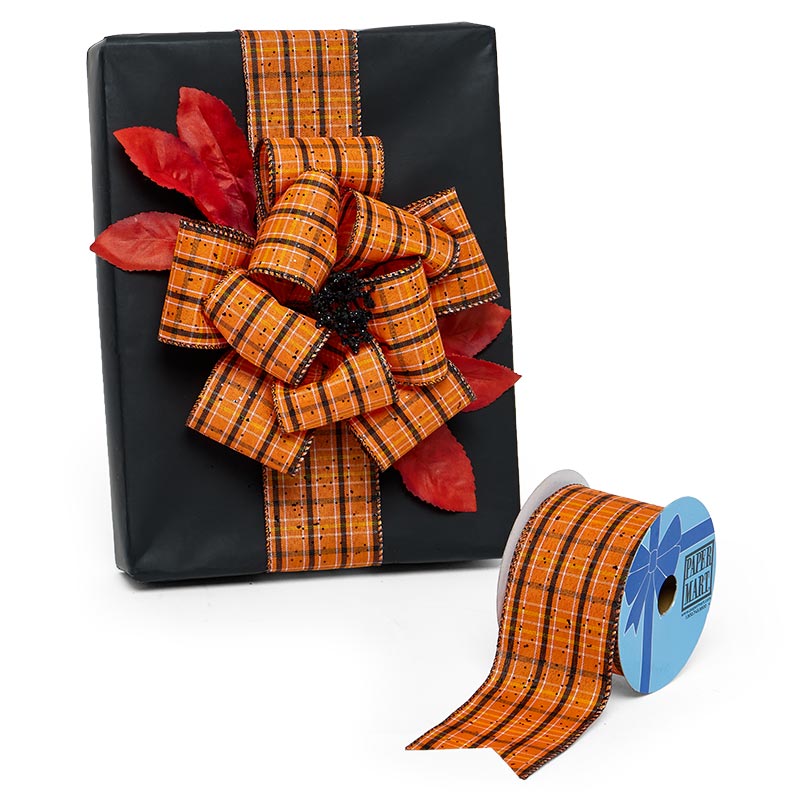 Glitter Orange / Black Plaid Patterned Wired Ribbon 2 1/2''x10 yd - 1 / ROLL