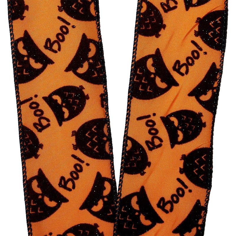 Glitter Flocked Owls & "Boo!" Message On Wired Ribbon 2 1/2 ''x10 yd 1 / ROLL