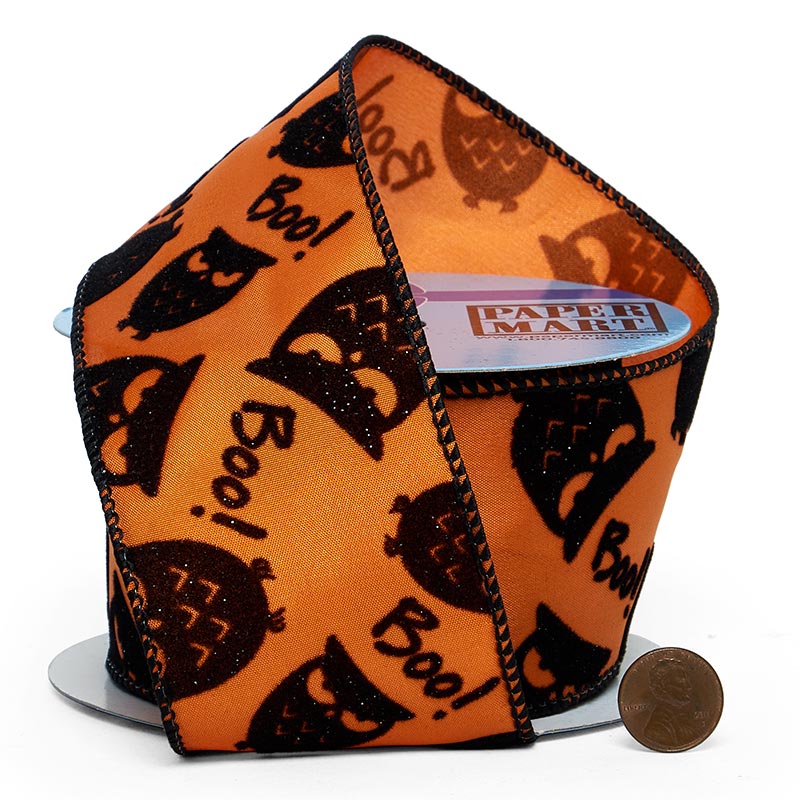 Glitter Flocked Owls & "Boo!" Message On Wired Ribbon 2 1/2 ''x10 yd 1 / ROLL