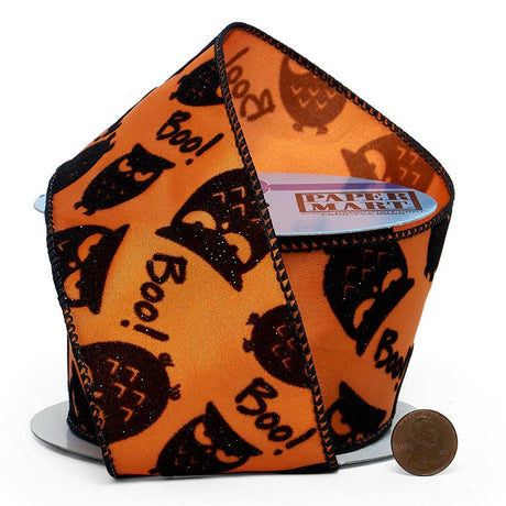 Glitter Flocked Owls & "Boo!" Message On Wired Ribbon 2 1/2 ''x10 yd 1 / ROLL