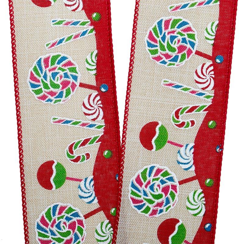 Colorful Candy On Wired Ribbon 2 1/2 '' X 10 yd Faux Linen Color 1 / ROLL