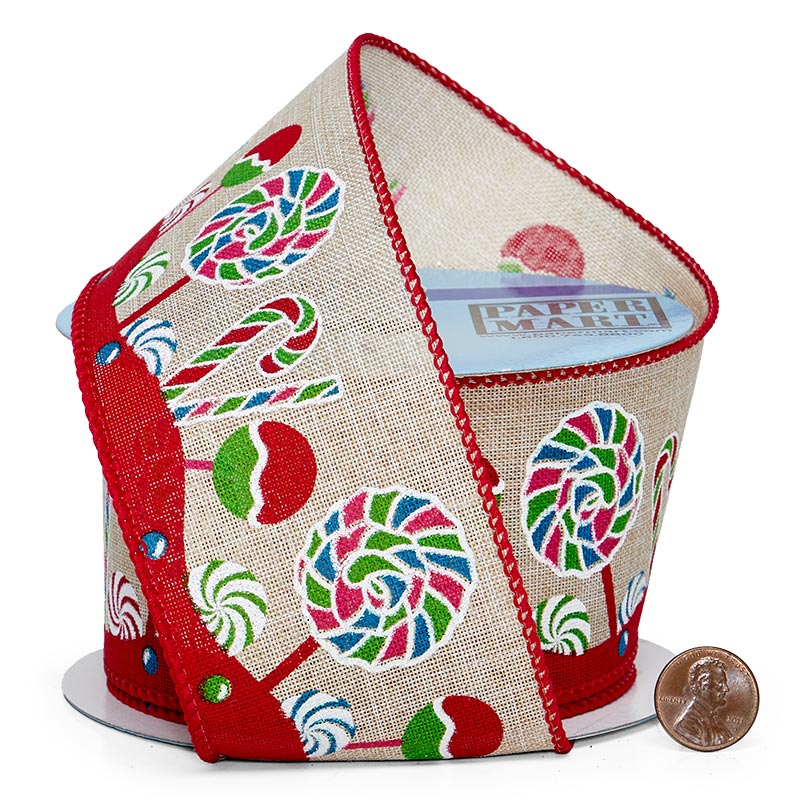 Colorful Candy On Wired Ribbon 2 1/2 '' X 10 yd Faux Linen Color 1 / ROLL