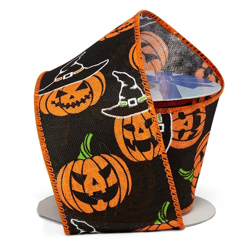 Halloween Pumpkin Wired Ribbon 2 1/2 ''x10 yd - Black Color 1 / roll