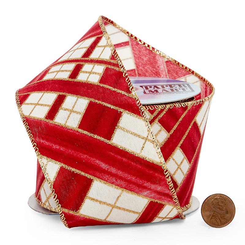 Sparkling Red Crosshatch Wired Ribbon 2 1/2 '' X 10 yd - 1 / ROLL