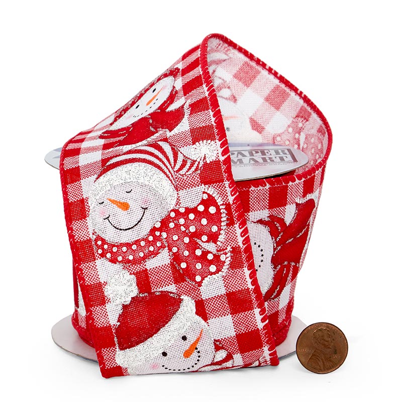 Merry Snowmen on Wired Ribbon Red Gingham – 2.5" x 10 Yards (1 Roll)