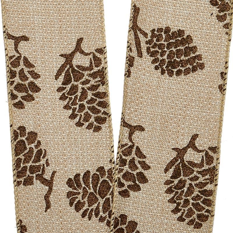 Stencil Pinecones On Natural Wired Ribbon 2 1/2 '' X 10 yd - 1 / ROLL