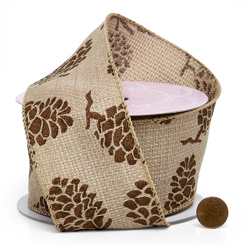 Stencil Pinecones On Natural Wired Ribbon 2 1/2 '' X 10 yd - 1 / ROLL