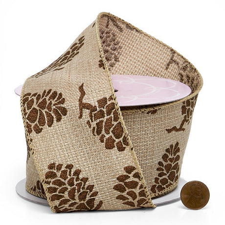 Stencil Pinecones On Natural Wired Ribbon 2 1/2 '' X 10 yd - 1 / ROLL