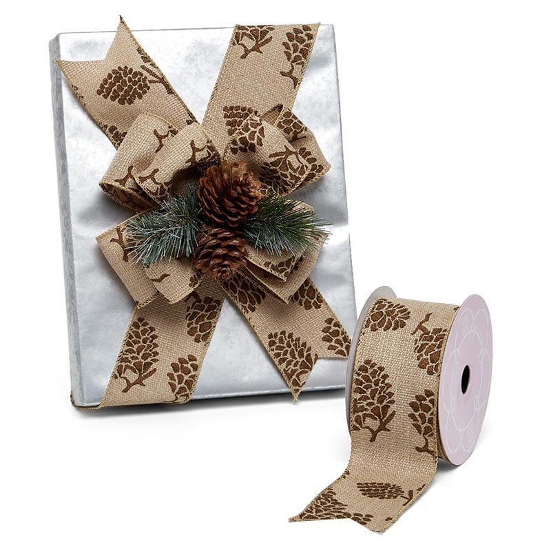 Stencil Pinecones On Natural Wired Ribbon 2 1/2 '' X 10 yd - 1 / ROLL