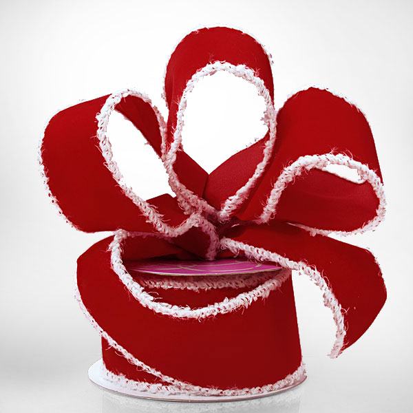 Flocked Christmas Wired Ribbons 2 1/2 '' x 10 yd Red / White Santa Color 1 / ROLL