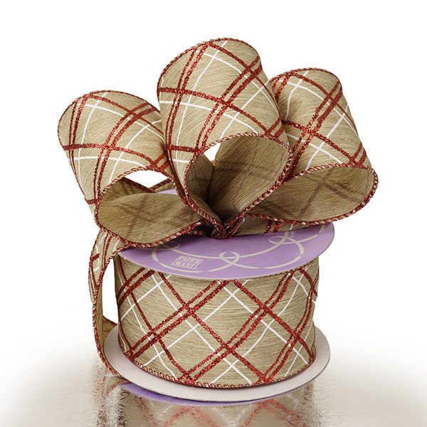 Glitter Christmas Wired Ribbon – Red/White Triple Grid, 2 1/2" x 10 Yards (1 Roll)