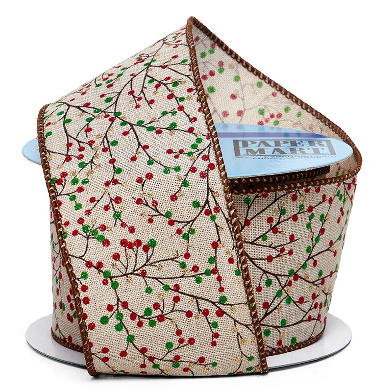 Glitter Berries & Branches On Wired Ribbon - Orange / Green 2 1/2 '' X 10 yd Red / Green Color 1 / ROLL