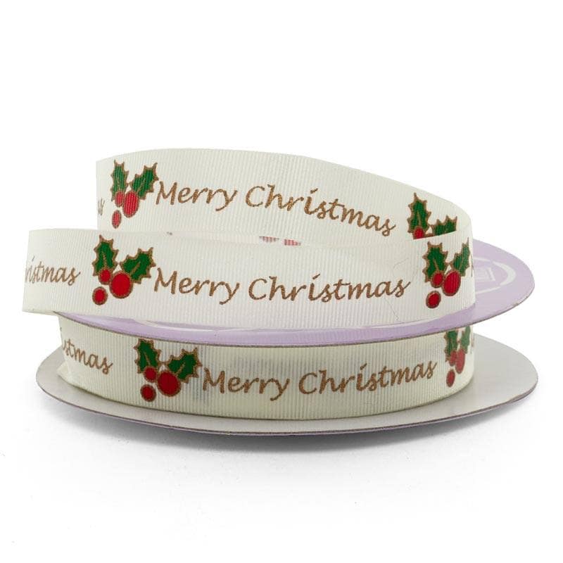 Narrow Holiday Patterned Grosgrain Ribbon 5/8 '' X 25 yd - White Merry Christmas Color 1 / ROLL