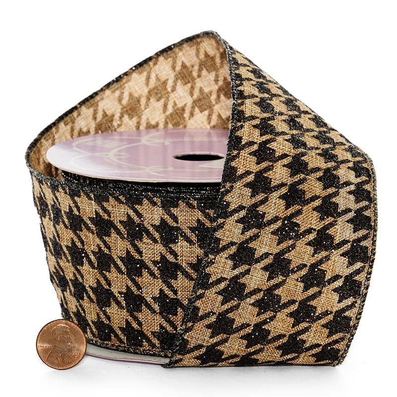 Black & Tan Houndstooth Wired Ribbon 2 1/2 '' X 10 yd - 1 / ROLL