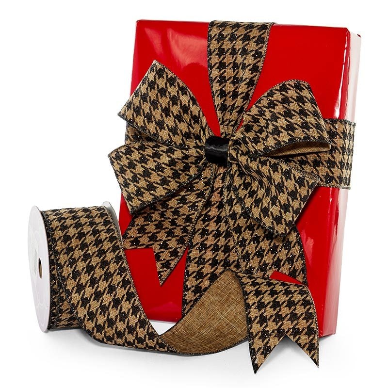 Black & Tan Houndstooth Wired Ribbon 2 1/2 '' X 10 yd - 1 / ROLL