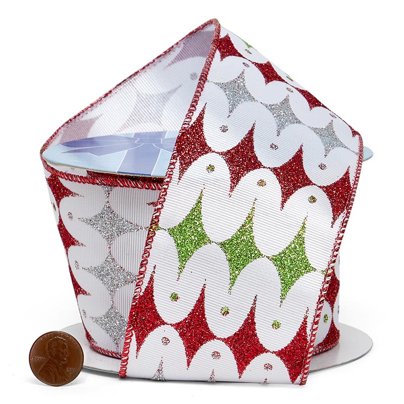 Glittery Mod Harlequin Christmas Wired Ribbon 2 1/2 '' X 10 yd - 1 / ROLL