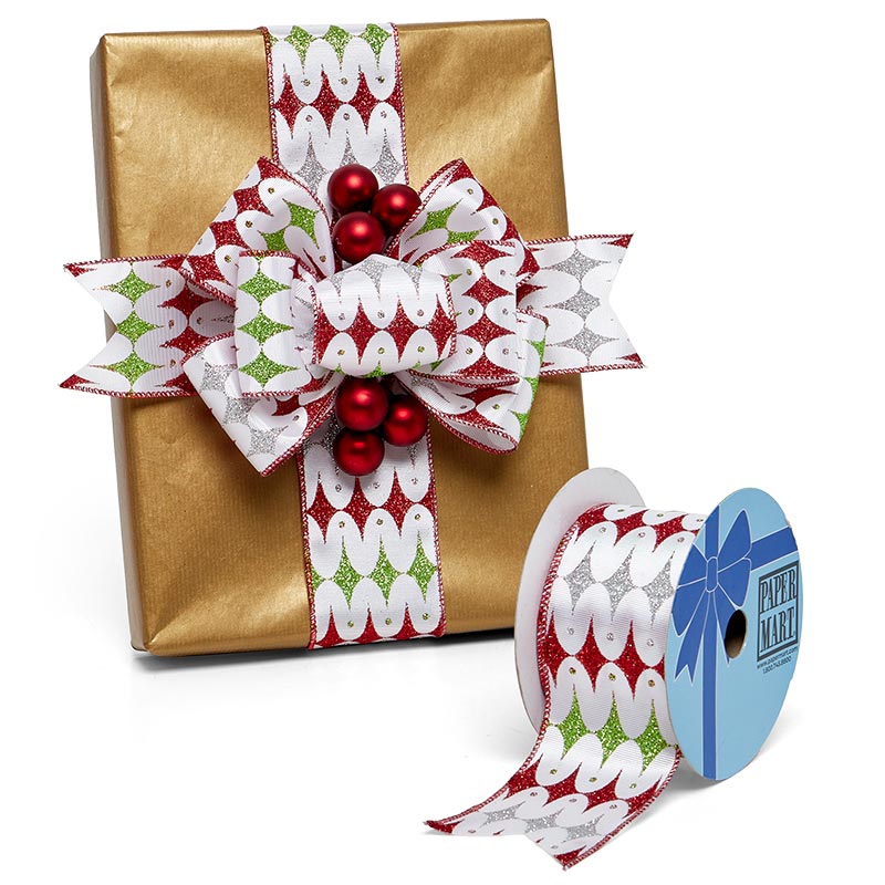 Glittery Mod Harlequin Christmas Wired Ribbon 2 1/2 '' X 10 yd - 1 / ROLL