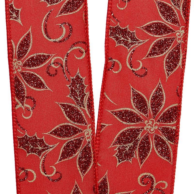 Glittery Poinsettias On Red Wired Ribbon 2 1/2 '' X 10 yd - 1 / ROLL