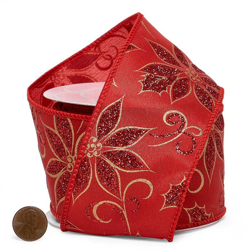 Glittery Poinsettias On Red Wired Ribbon 2 1/2 '' X 10 yd - 1 / ROLL