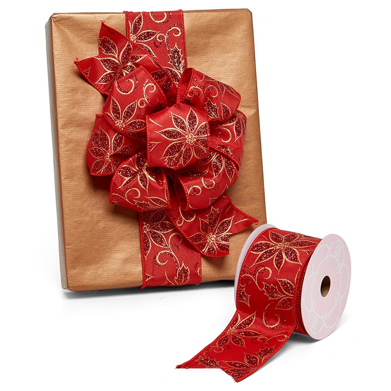 Glittery Poinsettias On Red Wired Ribbon 2 1/2 '' X 10 yd - 1 / ROLL