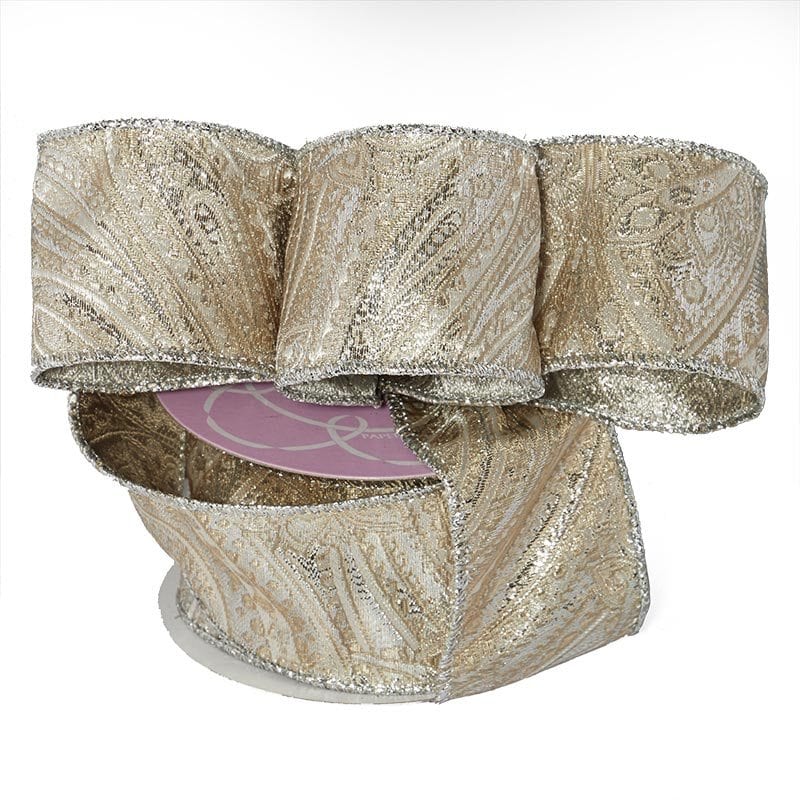 Metallic Christmas Wired Ribbons 2 1/2 '' X 10 yd Gold / Silver Paisley Color 1 / roll