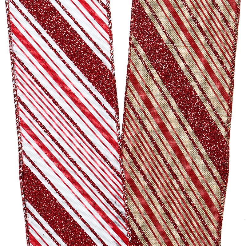 Glitter Christmas Stripes On White / Linen Wired Ribbon 2 1/2 '' X 10 yd - Christmas Glitter Stripes Color 1 / ROLL