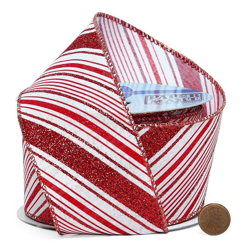Glitter Christmas Stripes On White / Linen Wired Ribbon 2 1/2 '' X 10 yd - Christmas Glitter Stripes Color 1 / ROLL