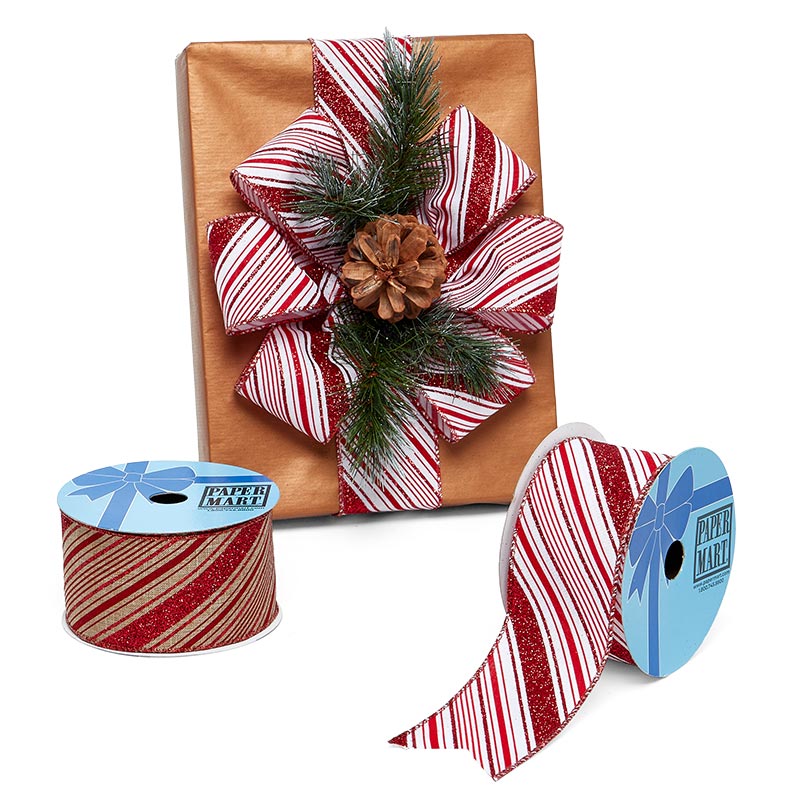 Glitter Christmas Stripes On White / Linen Wired Ribbon 2 1/2 '' X 10 yd - Christmas Glitter Stripes Color 1 / ROLL