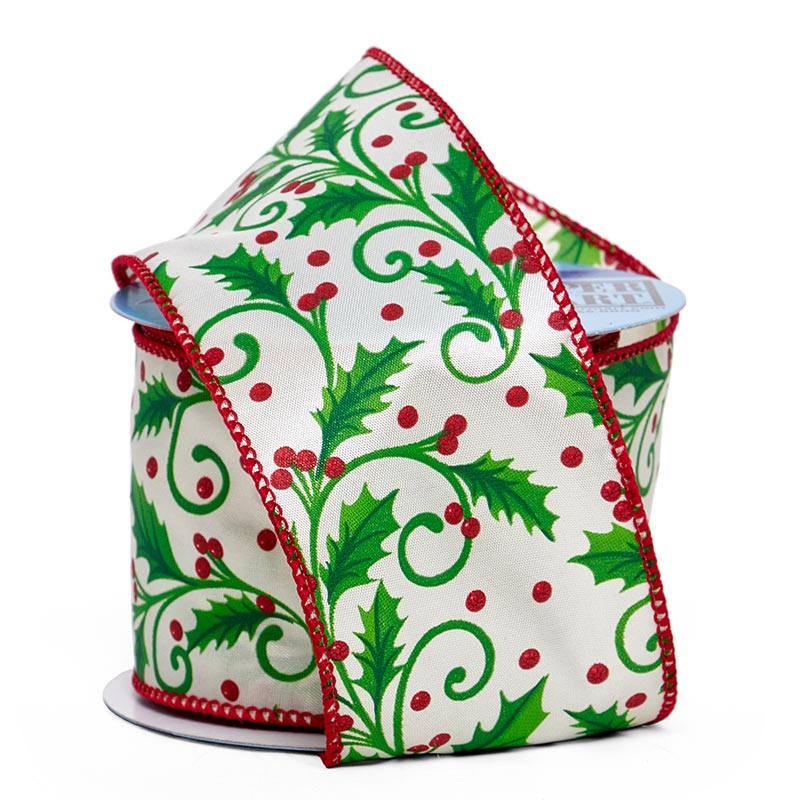 Pinecones & Berries Christmas Wired Ribbons Holly Leaves & Berries Color 1 / ROLL