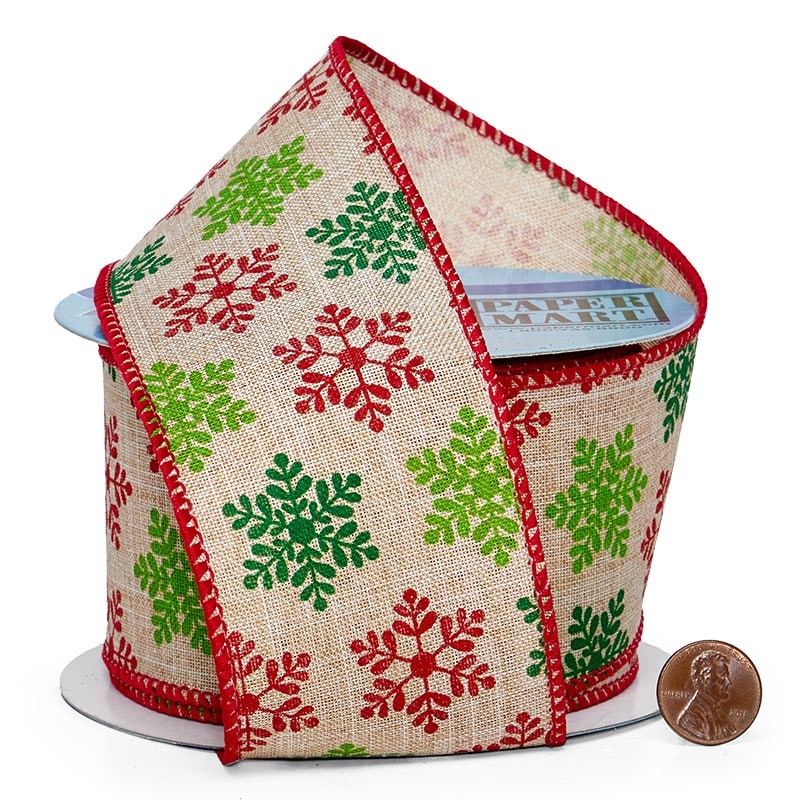Red & Green Snowflakes On Wired Ribbon 2 1/2 '' X 10 yd - 1 / ROLL