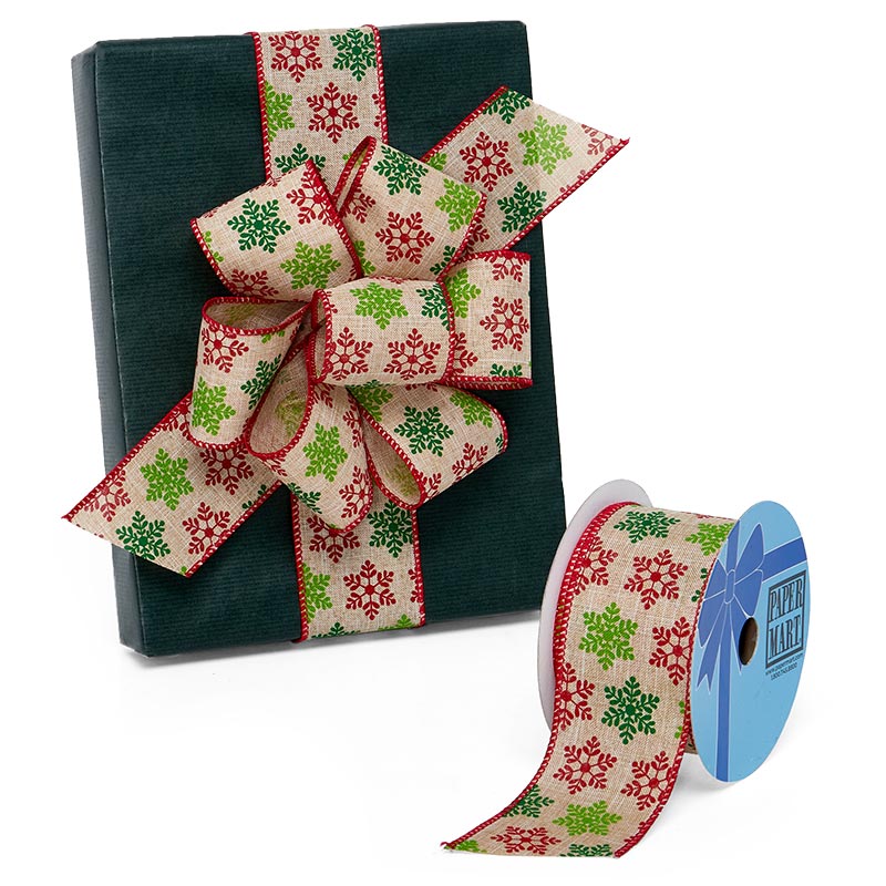 Red & Green Snowflakes On Wired Ribbon 2 1/2 '' X 10 yd - 1 / ROLL