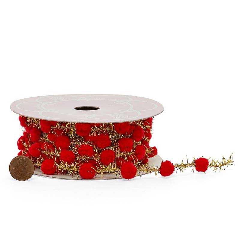 Wired Gold Tinsel Cord with Pom-Poms 3/8 '' X 25 yd - 1 / ROLL