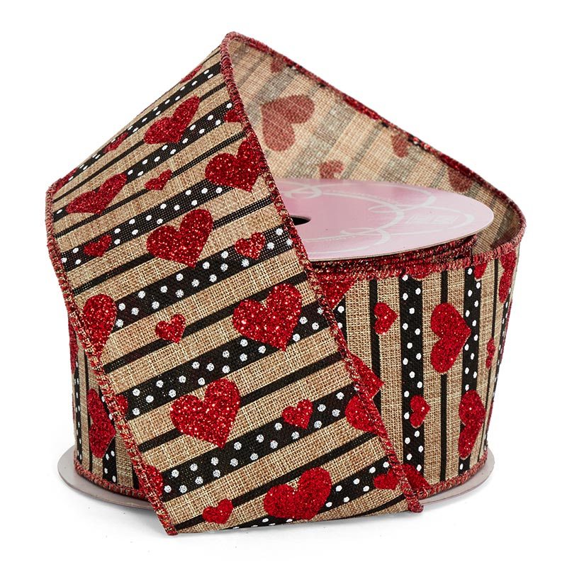 Glitter Hearts & Dots On Natural Wired Ribbon Hearts & Polka Dots  2 1/2''   10 yd - 1 / ROLL