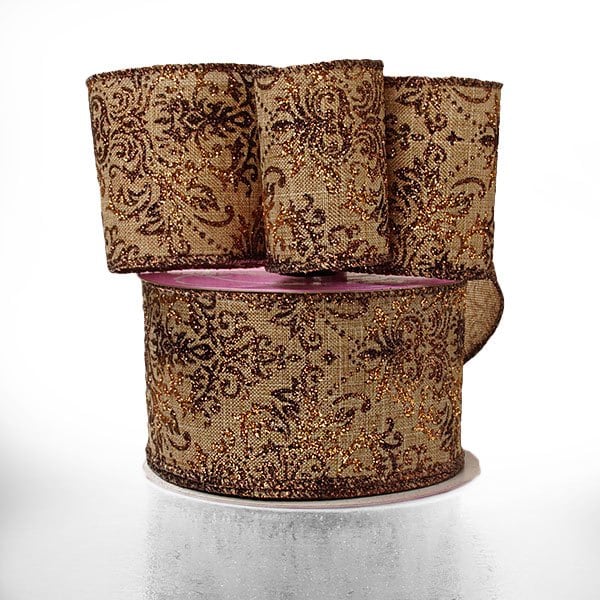 Glitter Christmas Wired Ribbon – Old Gold Glitter Damask, 2 1/2" x 10 Yards (1 Roll)