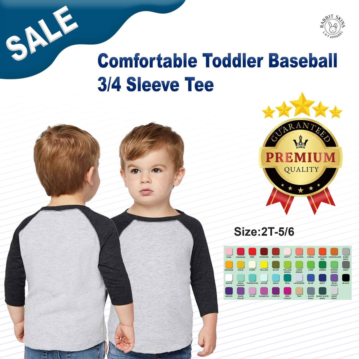 RADYAN® Comfortable Toddler Baseball 3/4 Sleeve Tee - 3330