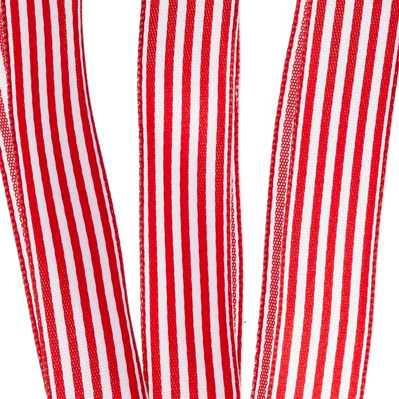 Red & White Striped Satin Wired Ribbon 5/8 '' X 25 yd - 1 / ROLL