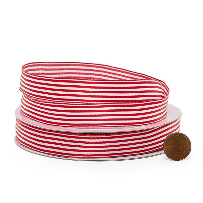 Red & White Striped Satin Wired Ribbon 5/8 '' X 25 yd - 1 / ROLL