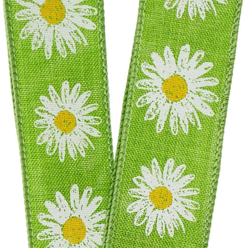 Shasta Daisy On Green Linen Wired Ribbon 1 1/2 '' X 25 yd - 1 / ROLL
