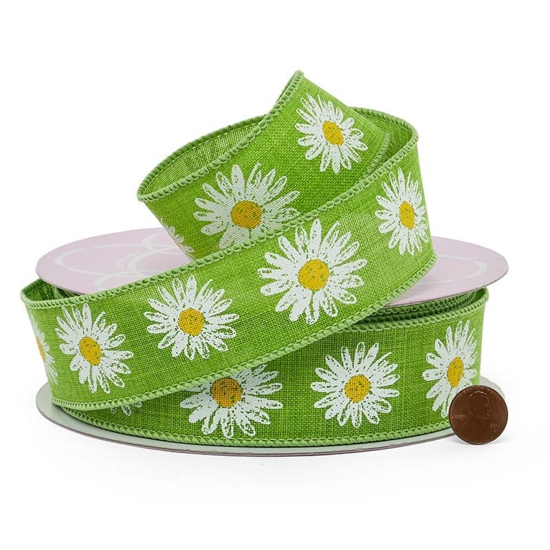 Shasta Daisy On Green Linen Wired Ribbon 1 1/2 '' X 25 yd - 1 / ROLL