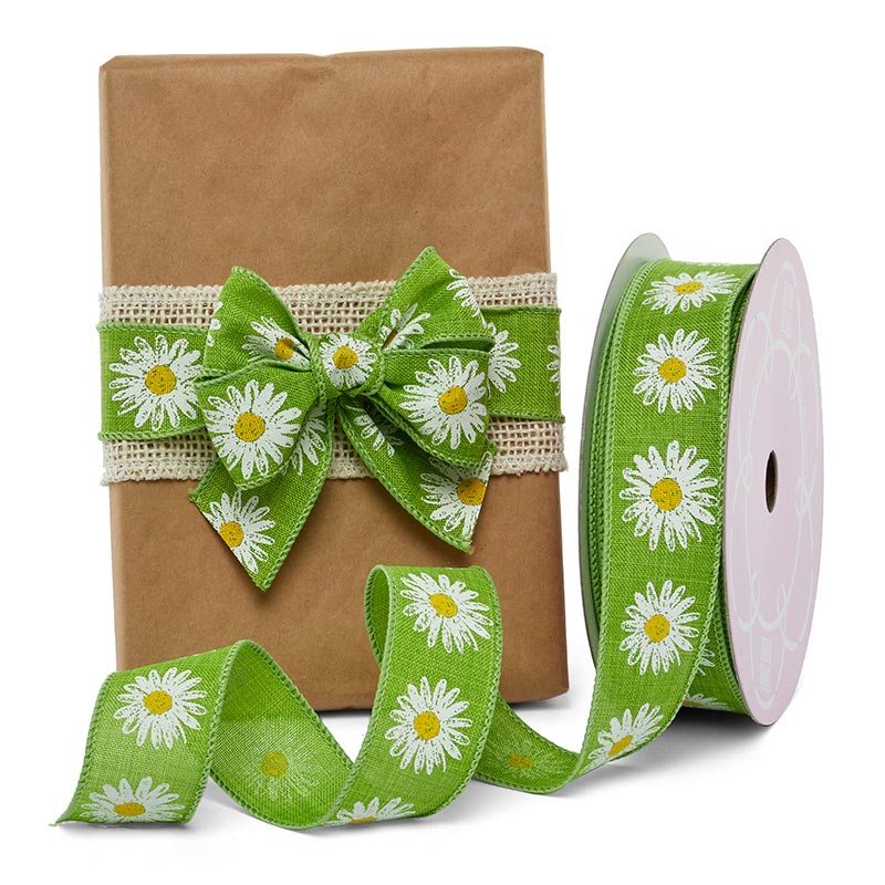 Shasta Daisy On Green Linen Wired Ribbon 1 1/2 '' X 25 yd - 1 / ROLL