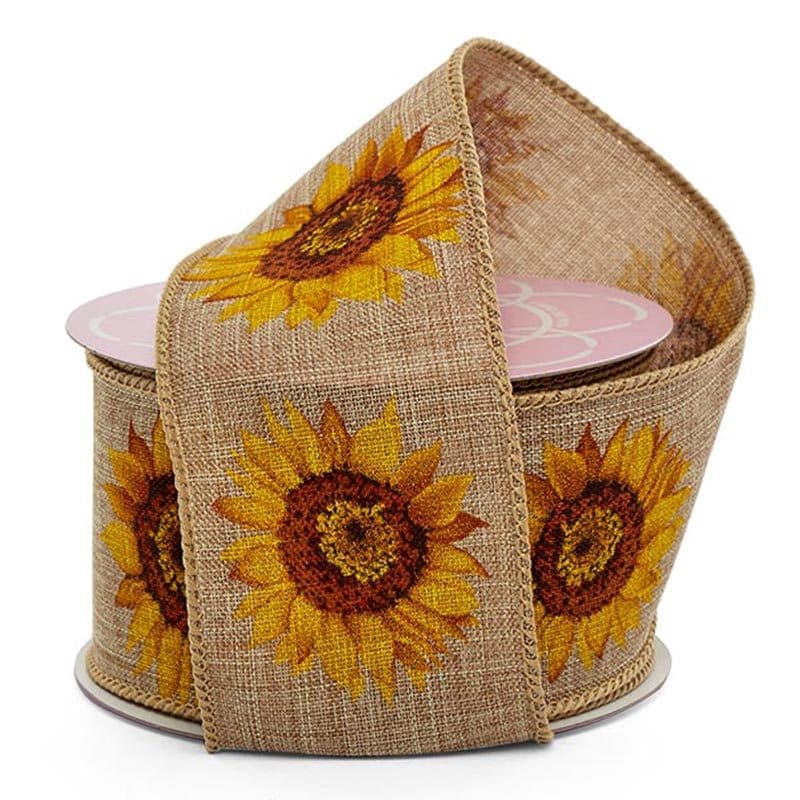 Florals On Natural Wired Ribbon  Sunflowers 2 1/2'' 10 yd - 1 / ROLL