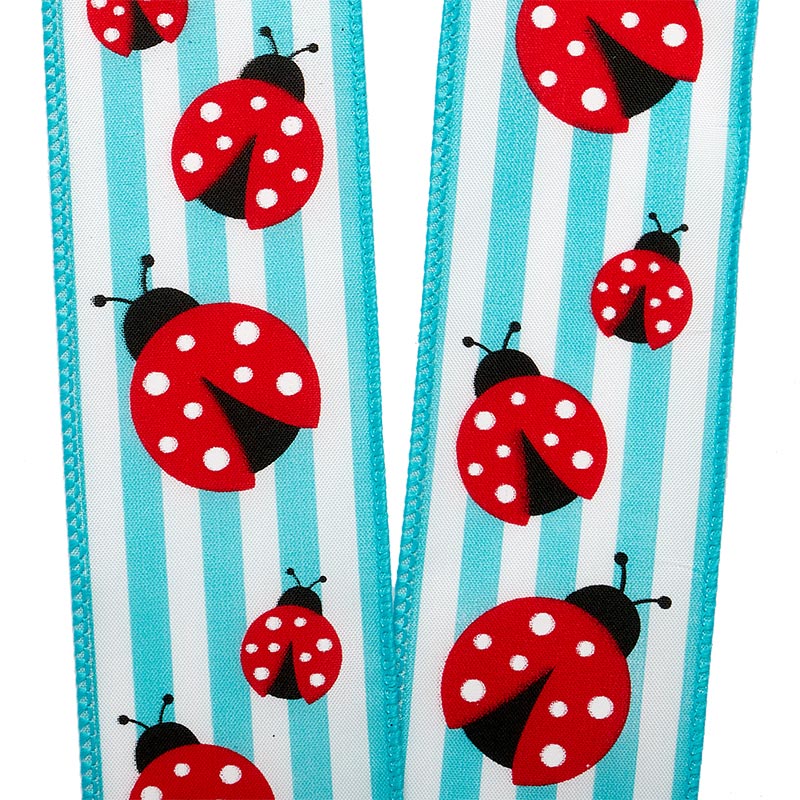 Ladybugs On Striped Wired Ribbon 2 1/2 '' X 10 yd - 1 / ROLL