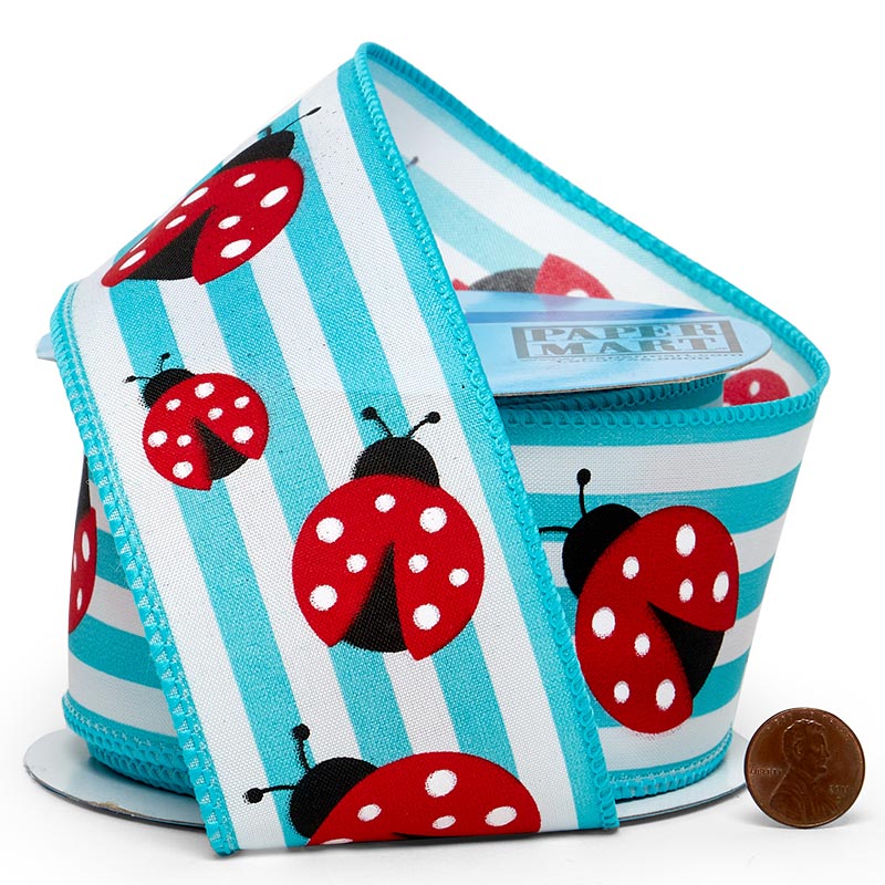 Ladybugs On Striped Wired Ribbon 2 1/2 '' X 10 yd - 1 / ROLL