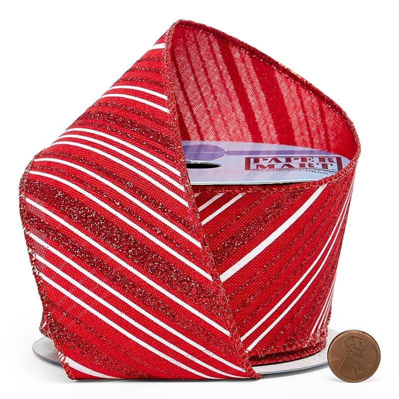 Glitter White / Red Peppermint Stripes On Wired Ribbon 2 1/2 '' X 10 yd - 1 / ROLL