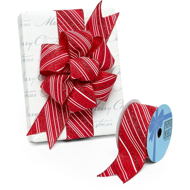 Glitter White / Red Peppermint Stripes On Wired Ribbon 2 1/2 '' X 10 yd - 1 / ROLL