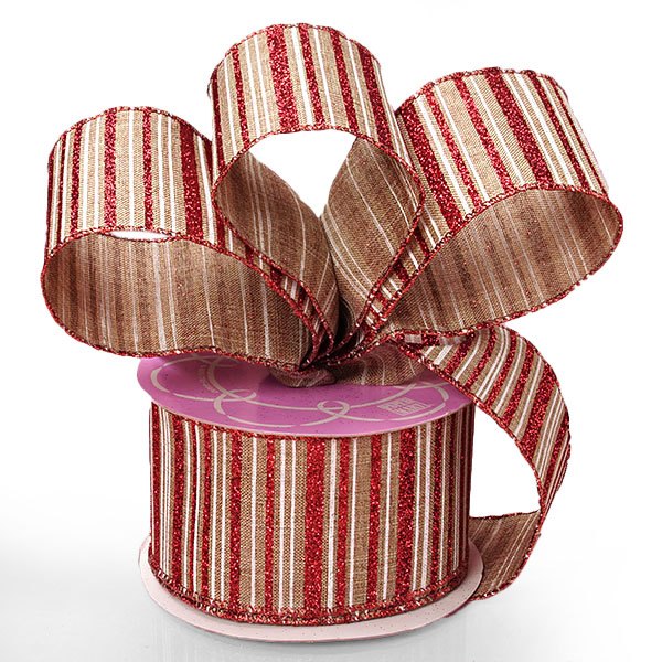 Glitter Christmas Wired Ribbon – Peppermint Multi-Stripe (Natural Look), 2 1/2" x 10 Yards (1 Roll)