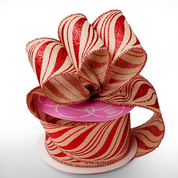 Glitter Christmas Wired Ribbon – Natural/Red Peppermint Stripe Curve, 2 1/2" x 10 Yards (1 Roll)