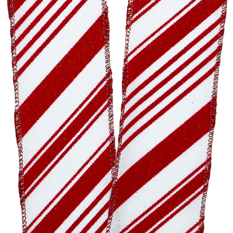 Flocked Glitter Candy Cane Stripes On Wired Ribbon 2 1/2 '' X 10 yd - 1 / ROLL